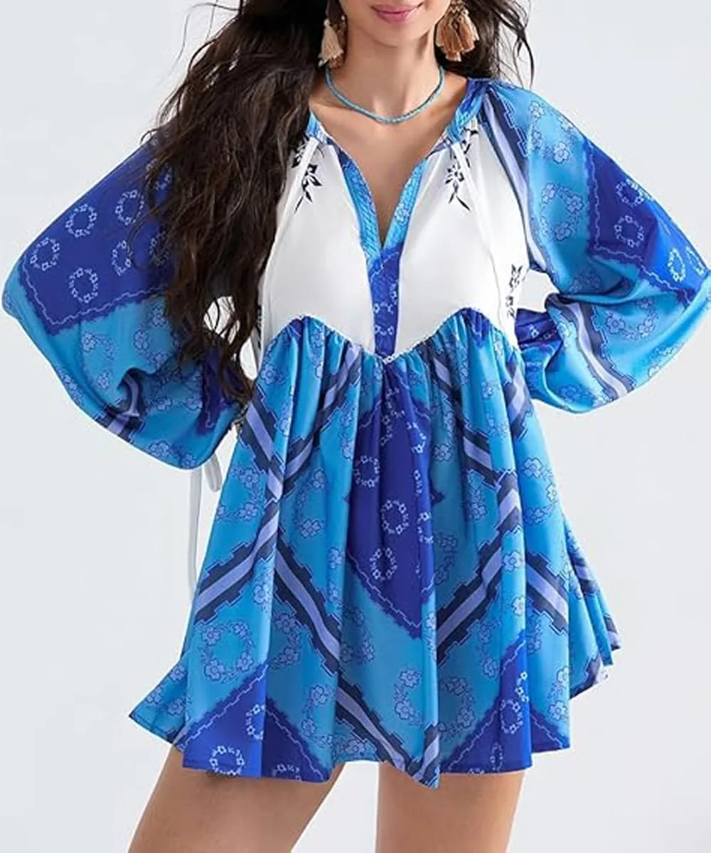 Women Boho Puff Sleeve Short Dress Floral V Neck Babydoll Dresses Shirt Dress Casual Mini Beach Sundress