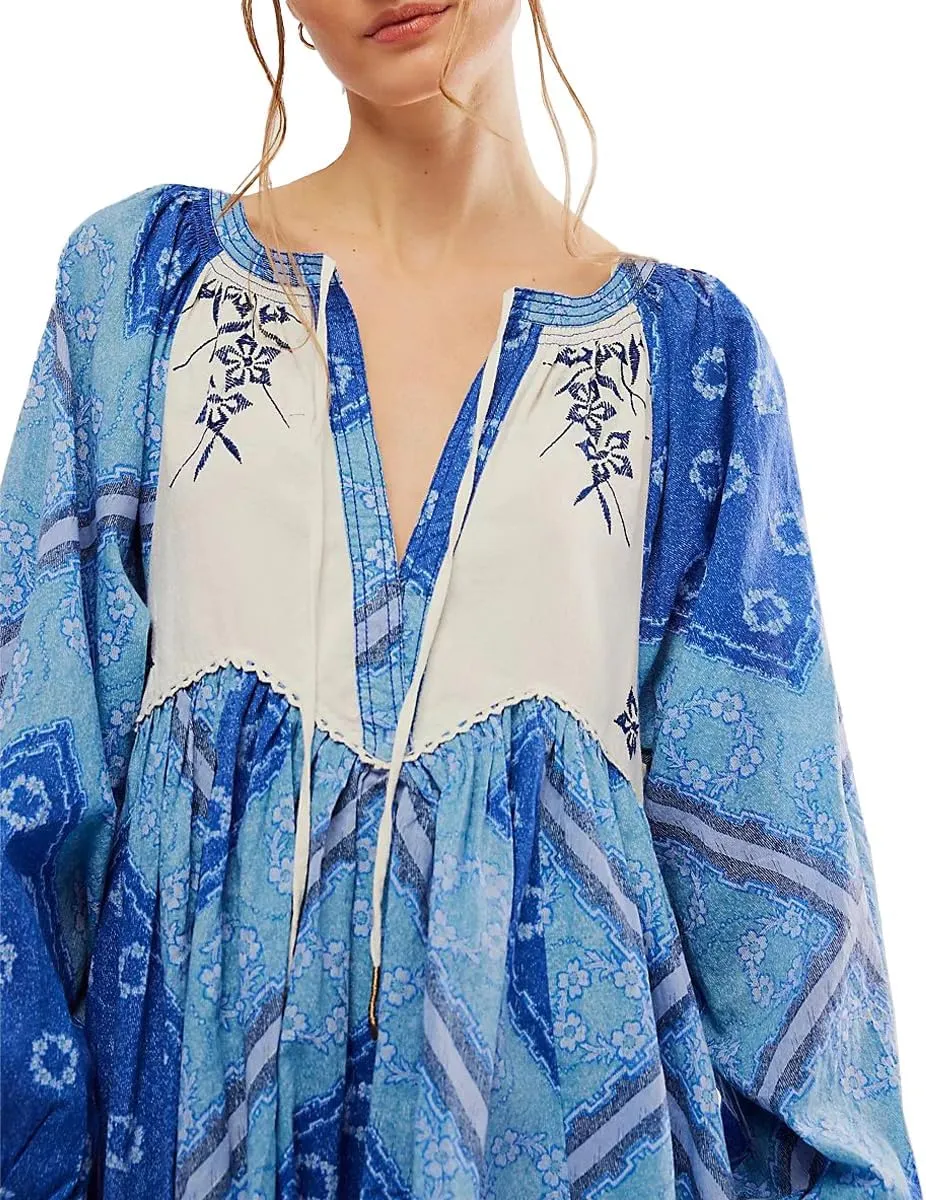 Women Boho Puff Sleeve Short Dress Floral V Neck Babydoll Dresses Shirt Dress Casual Mini Beach Sundress
