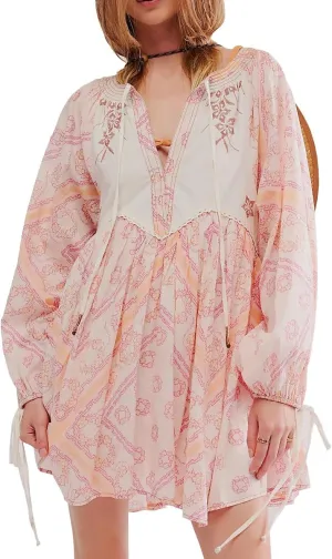 Women Boho Puff Sleeve Short Dress Floral V Neck Babydoll Dresses Shirt Dress Casual Mini Beach Sundress
