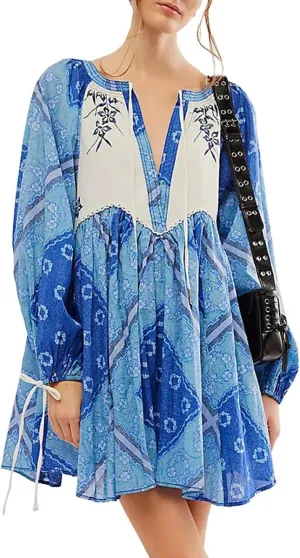 Women Boho Puff Sleeve Short Dress Floral V Neck Babydoll Dresses Shirt Dress Casual Mini Beach Sundress