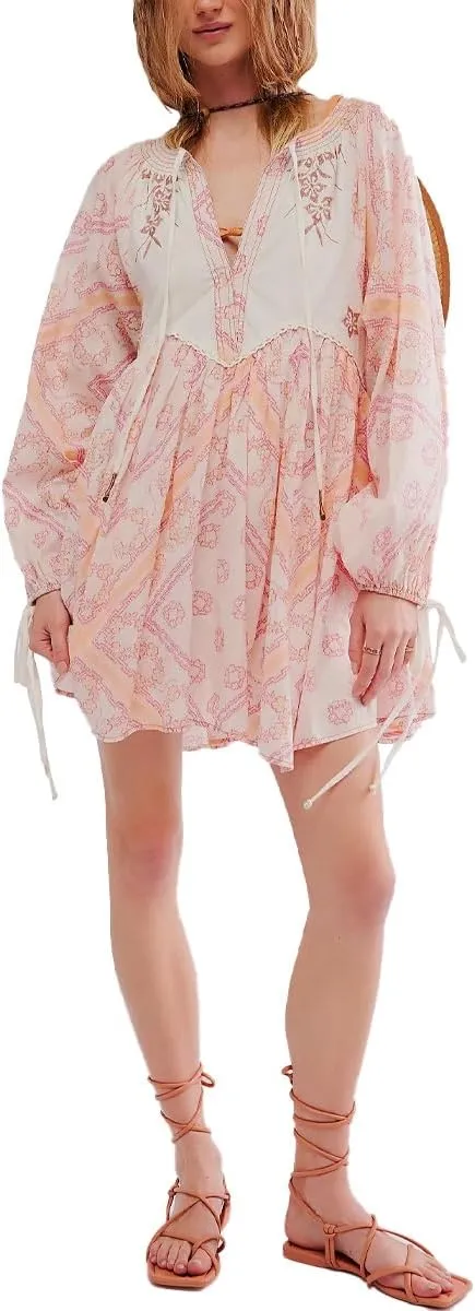 Women Boho Puff Sleeve Short Dress Floral V Neck Babydoll Dresses Shirt Dress Casual Mini Beach Sundress