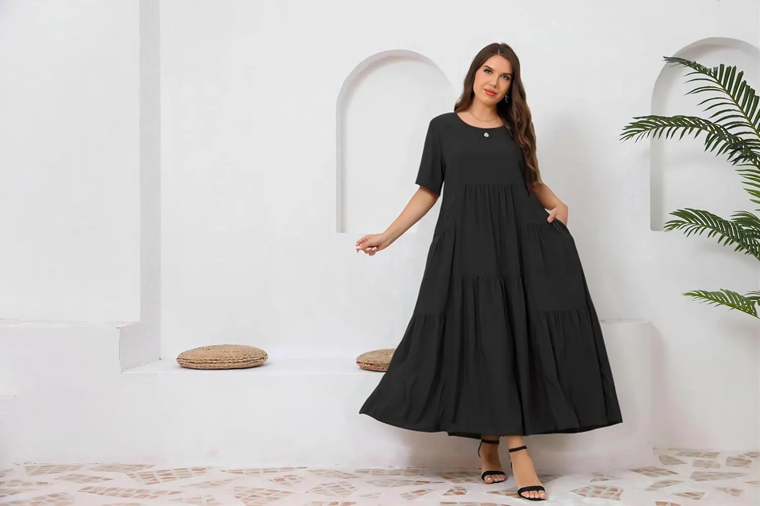 Women Casual Loose Bohemian Floral Dress with Pockets Short Sleeve Long Maxi Summer Beach Swing Dress