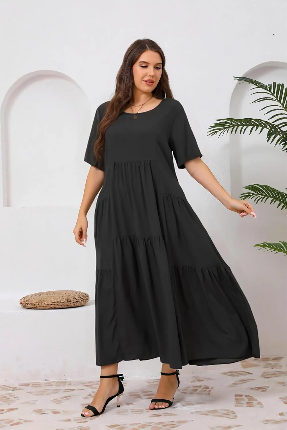 Women Casual Loose Bohemian Floral Dress with Pockets Short Sleeve Long Maxi Summer Beach Swing Dress