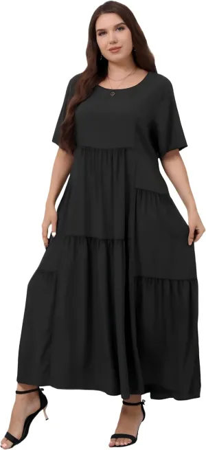 Women Casual Loose Bohemian Floral Dress with Pockets Short Sleeve Long Maxi Summer Beach Swing Dress
