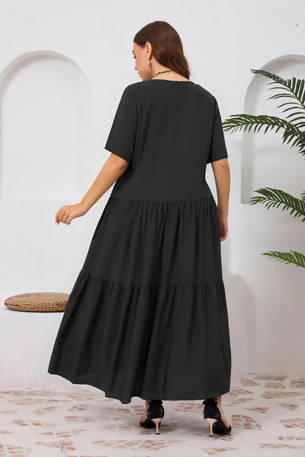 Women Casual Loose Bohemian Floral Dress with Pockets Short Sleeve Long Maxi Summer Beach Swing Dress