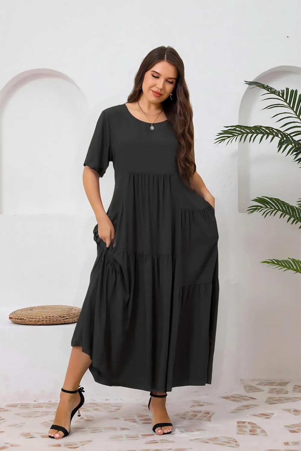 Women Casual Loose Bohemian Floral Dress with Pockets Short Sleeve Long Maxi Summer Beach Swing Dress