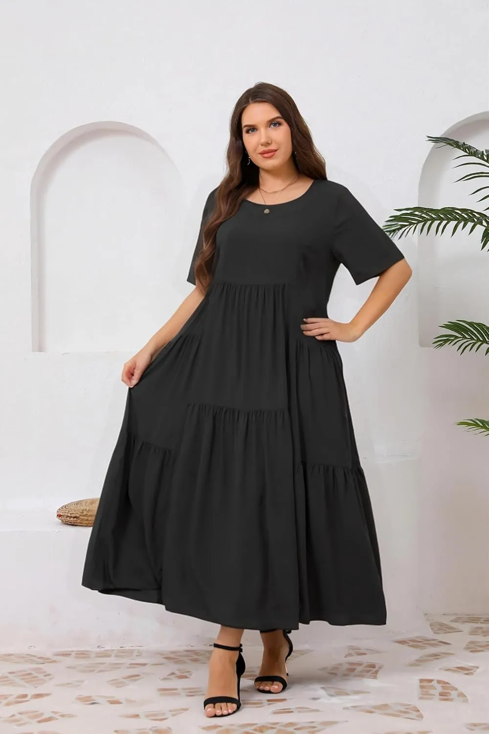 Women Casual Loose Bohemian Floral Dress with Pockets Short Sleeve Long Maxi Summer Beach Swing Dress