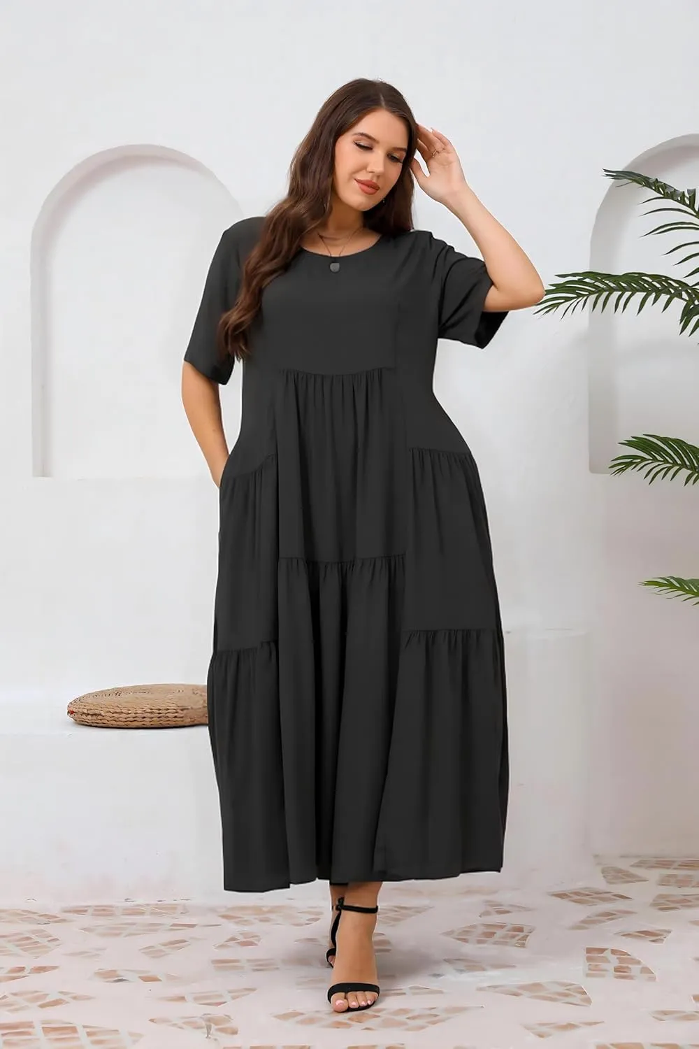 Women Casual Loose Bohemian Floral Dress with Pockets Short Sleeve Long Maxi Summer Beach Swing Dress