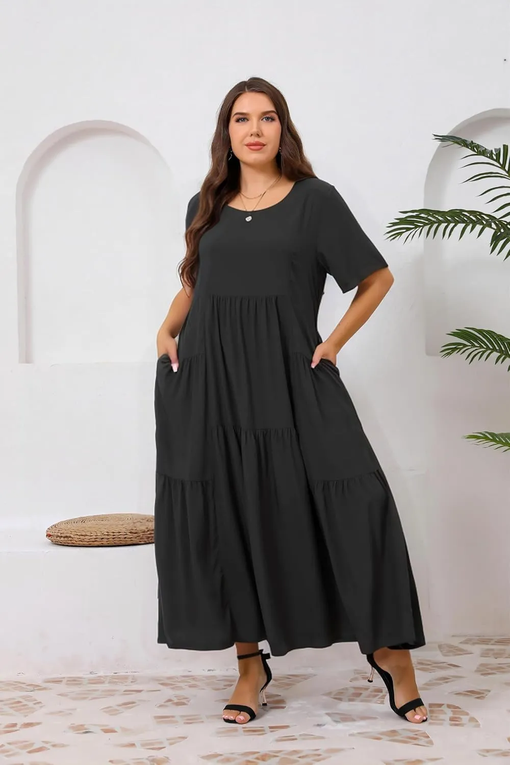 Women Casual Loose Bohemian Floral Dress with Pockets Short Sleeve Long Maxi Summer Beach Swing Dress