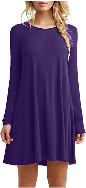 Women Casual Solid Long Sleeve Round Neck Loose Dress Ruffle Mini Dress Midi Summer Dresses for Women