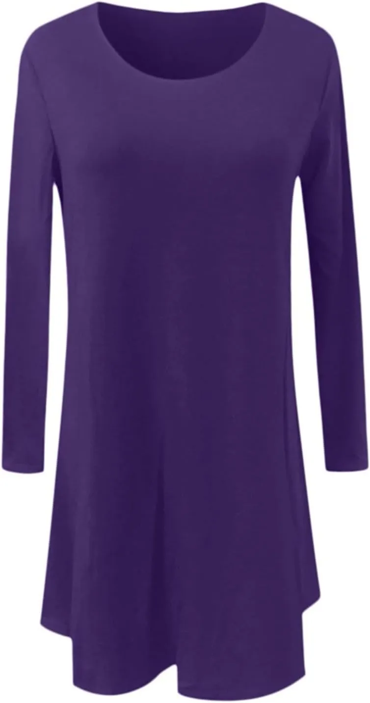 Women Casual Solid Long Sleeve Round Neck Loose Dress Ruffle Mini Dress Midi Summer Dresses for Women