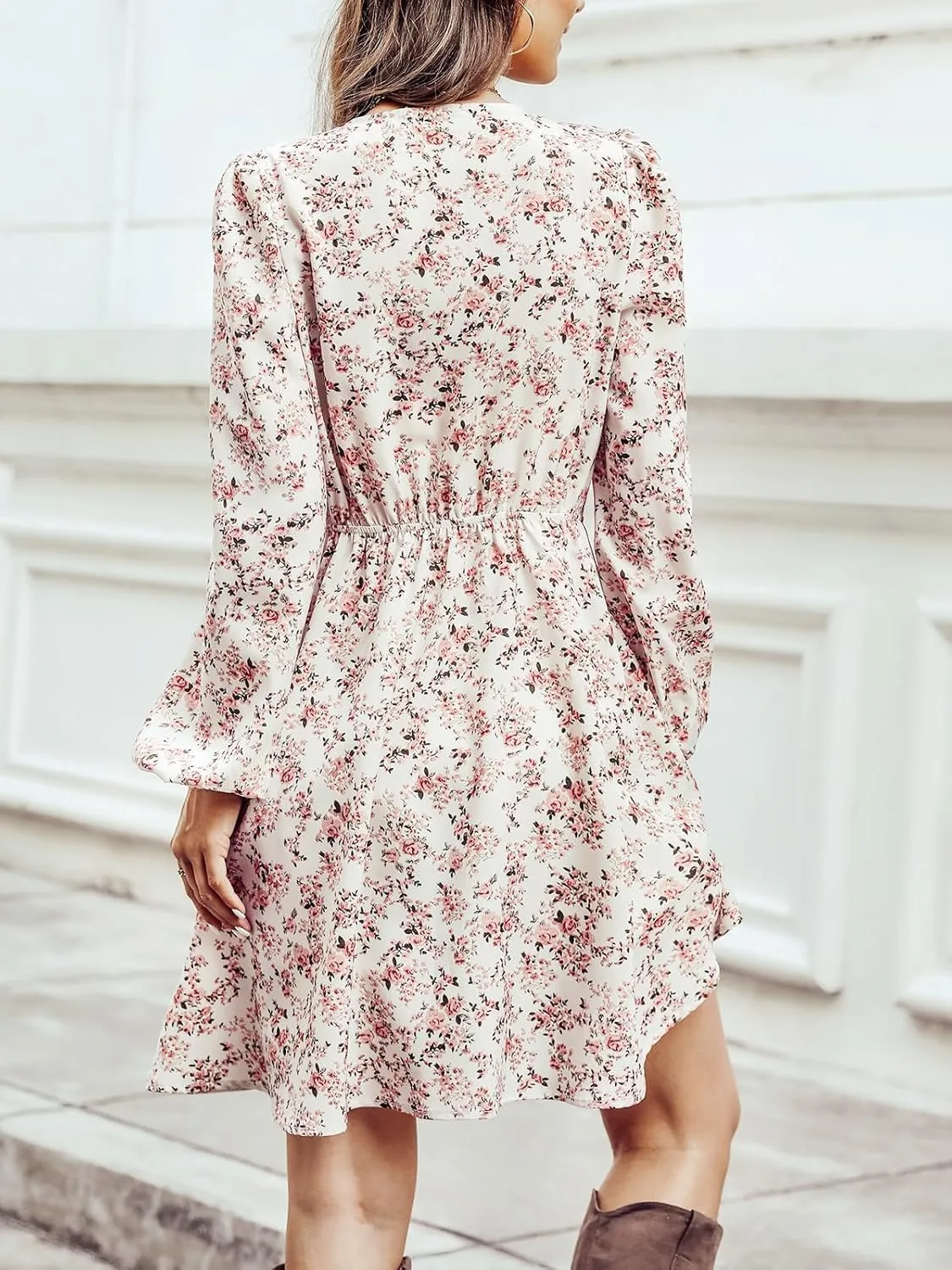 Women Floral Ruffle Summer Dress Surplice V Neck Long Peasant Sleeve Elastic Waist Flowy Casual Holiday Mini Dress