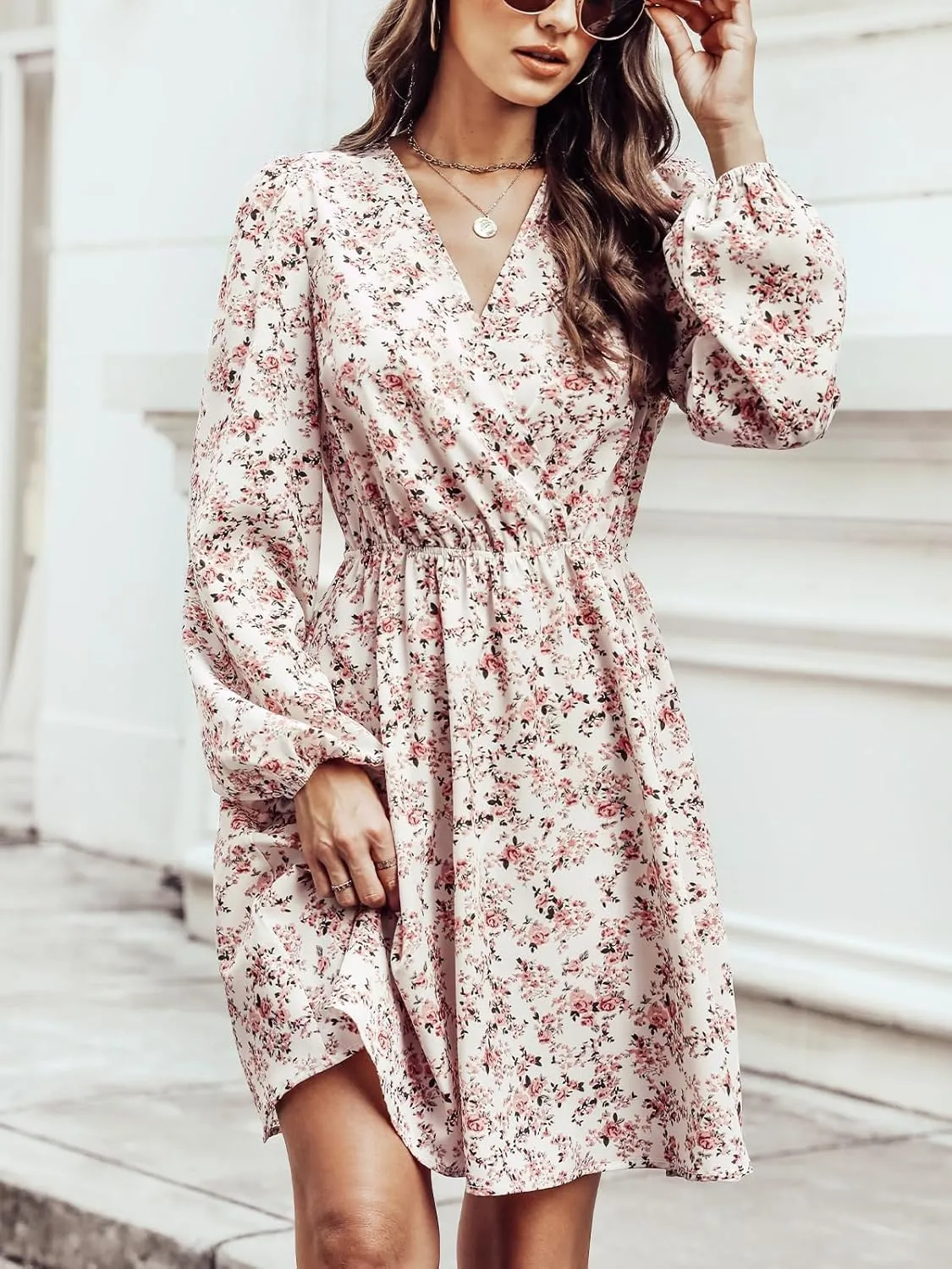 Women Floral Ruffle Summer Dress Surplice V Neck Long Peasant Sleeve Elastic Waist Flowy Casual Holiday Mini Dress
