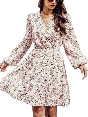 Women Floral Ruffle Summer Dress Surplice V Neck Long Peasant Sleeve Elastic Waist Flowy Casual Holiday Mini Dress