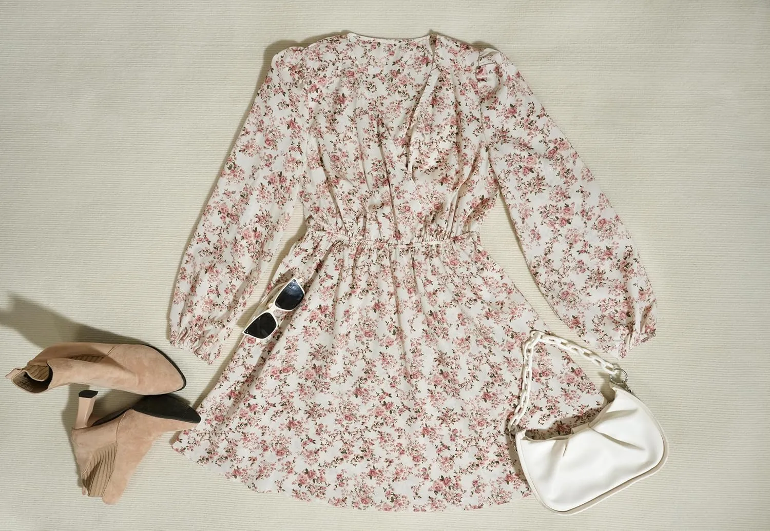 Women Floral Ruffle Summer Dress Surplice V Neck Long Peasant Sleeve Elastic Waist Flowy Casual Holiday Mini Dress