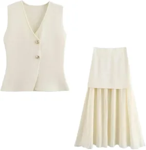 Women Golden Buttons Knit Waistcoat High Elastic Waist Pleated Midi Skirt Female Two Piece Sets