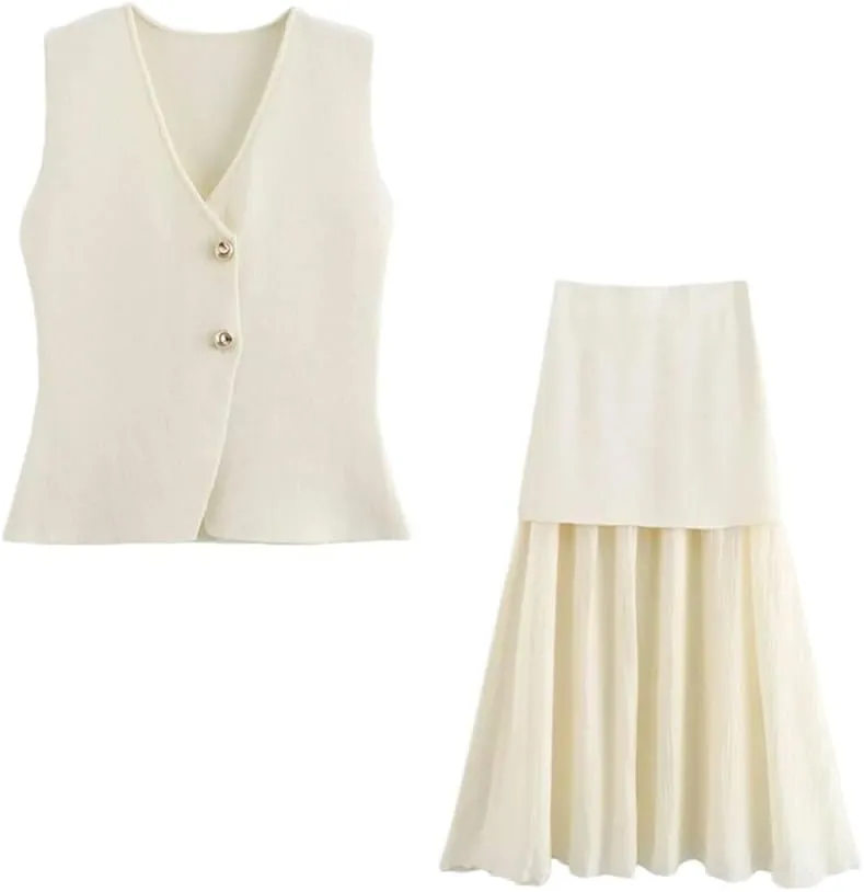 Women Golden Buttons Knit Waistcoat High Elastic Waist Pleated Midi Skirt Female Two Piece Sets