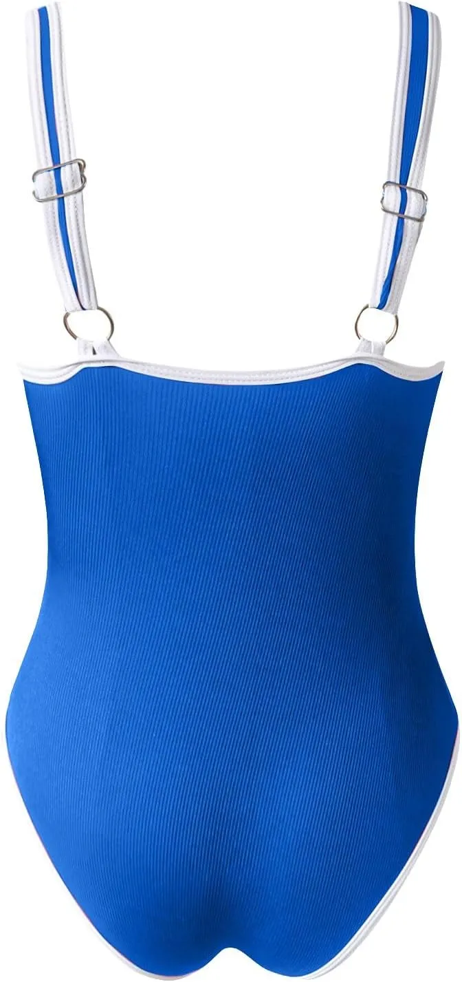 Women High Cut One Piece Swimsuit Tummy Control Color Block Trim Ribbed Bathing Suit Scoop Neck Summer Sporty Swimwear