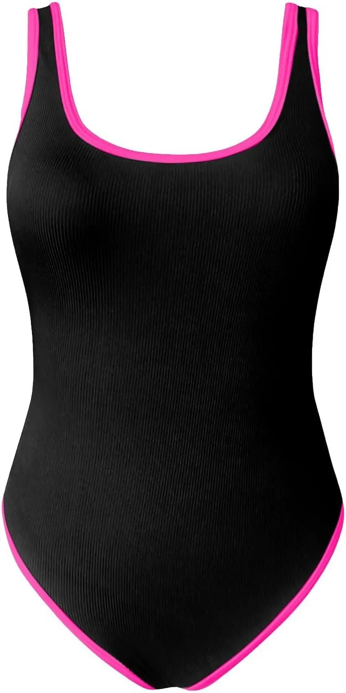 Women High Cut One Piece Swimsuit Tummy Control Color Block Trim Ribbed Bathing Suit Scoop Neck Summer Sporty Swimwear