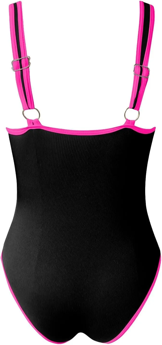 Women High Cut One Piece Swimsuit Tummy Control Color Block Trim Ribbed Bathing Suit Scoop Neck Summer Sporty Swimwear