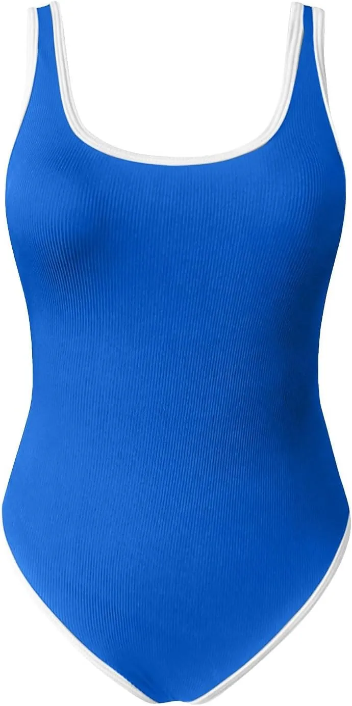 Women High Cut One Piece Swimsuit Tummy Control Color Block Trim Ribbed Bathing Suit Scoop Neck Summer Sporty Swimwear