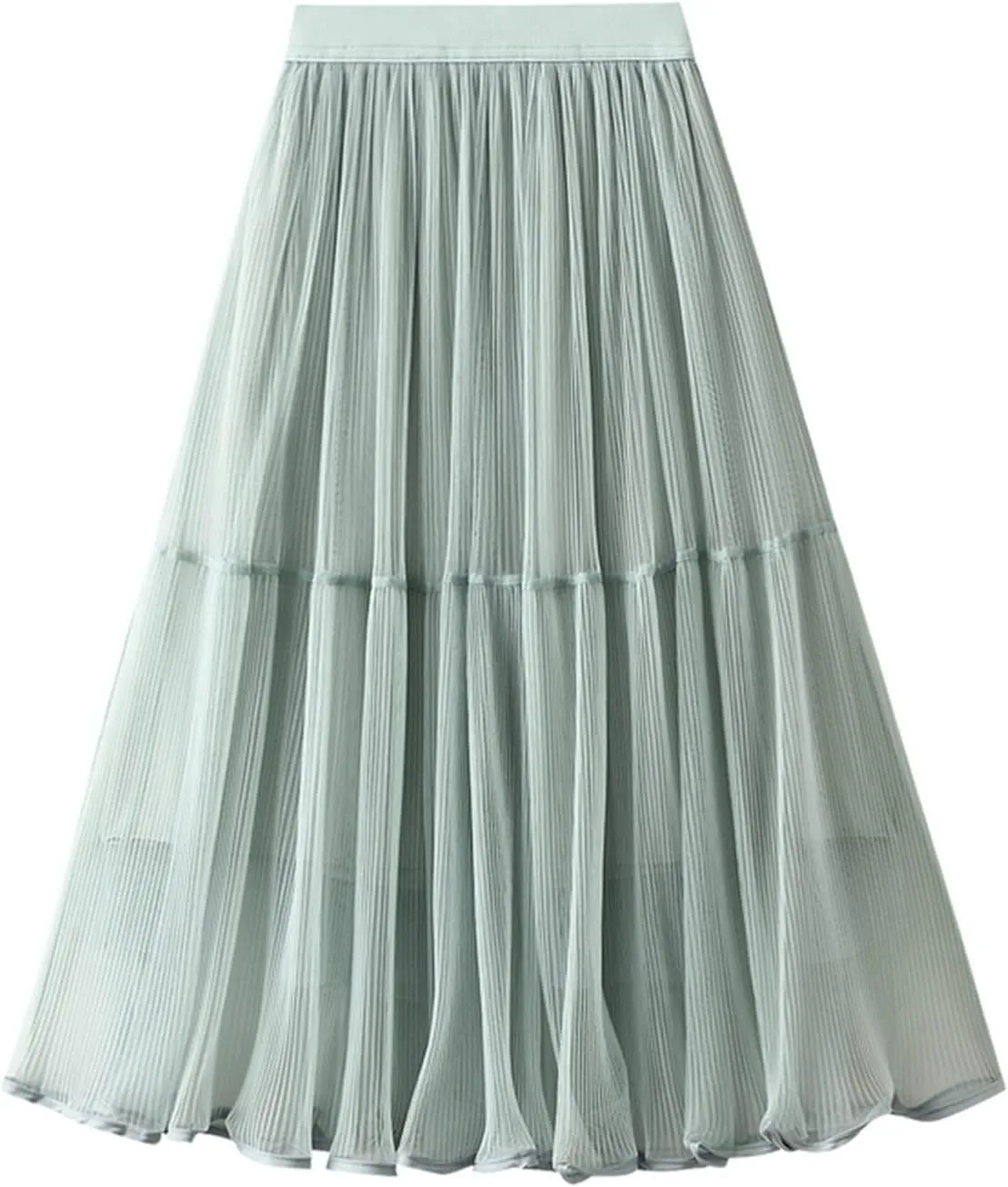 Women High Elastic Waist Pleated Mesh Skirt Midi Swing A-line Skirts