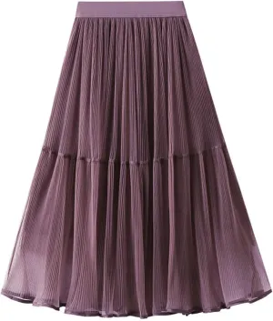 Women High Elastic Waist Pleated Mesh Skirt Midi Swing A-line Skirts