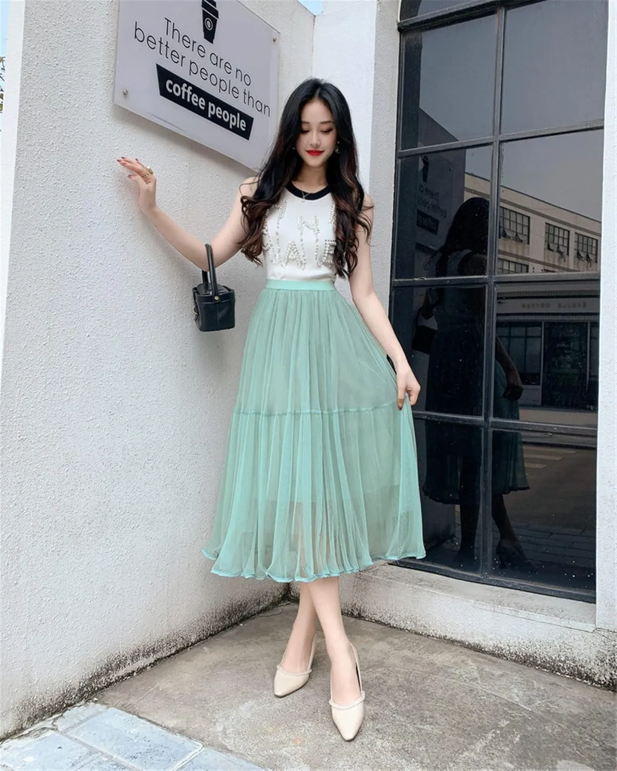 Women High Elastic Waist Pleated Mesh Skirt Midi Swing A-line Skirts
