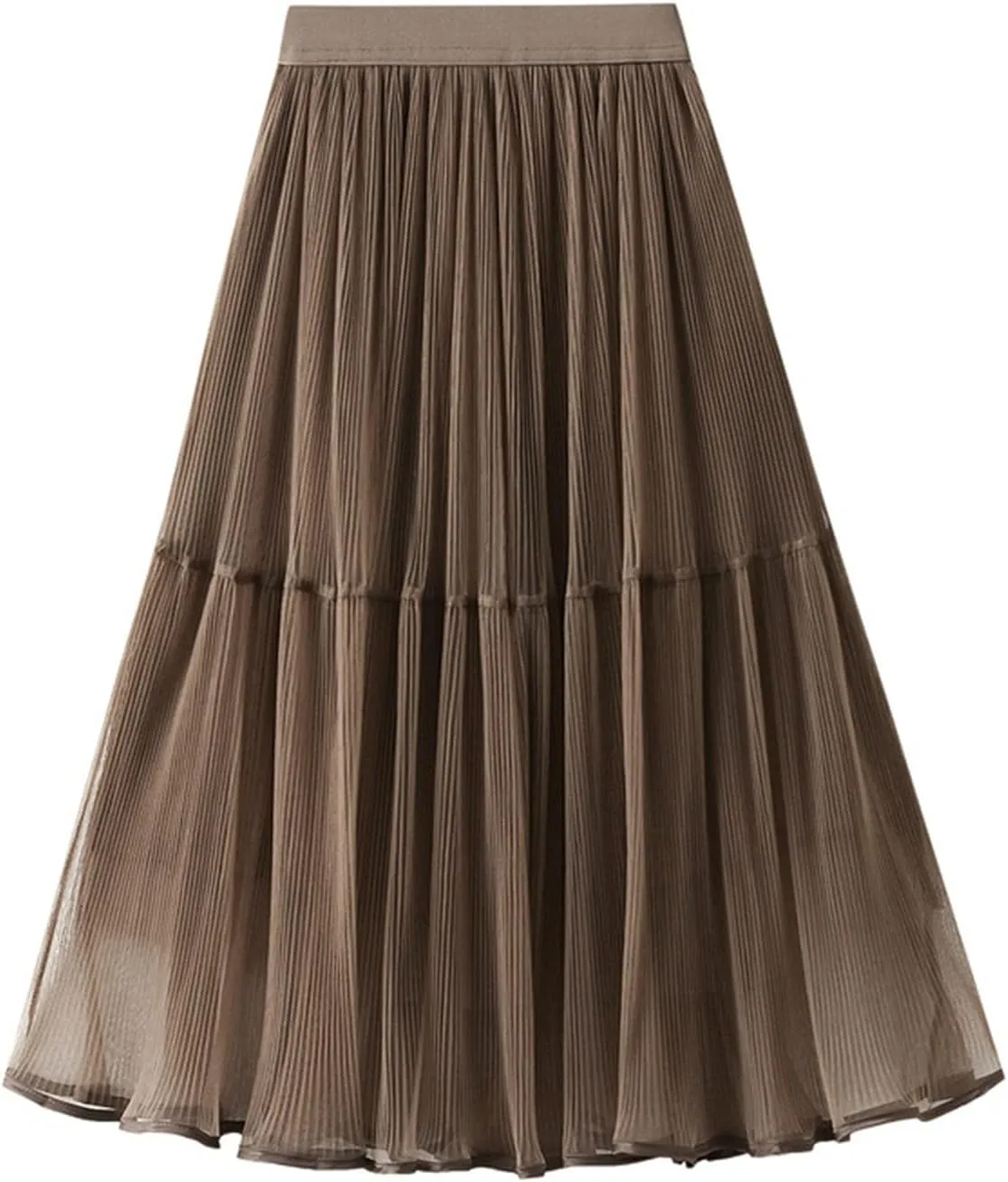 Women High Elastic Waist Pleated Mesh Skirt Midi Swing A-line Skirts