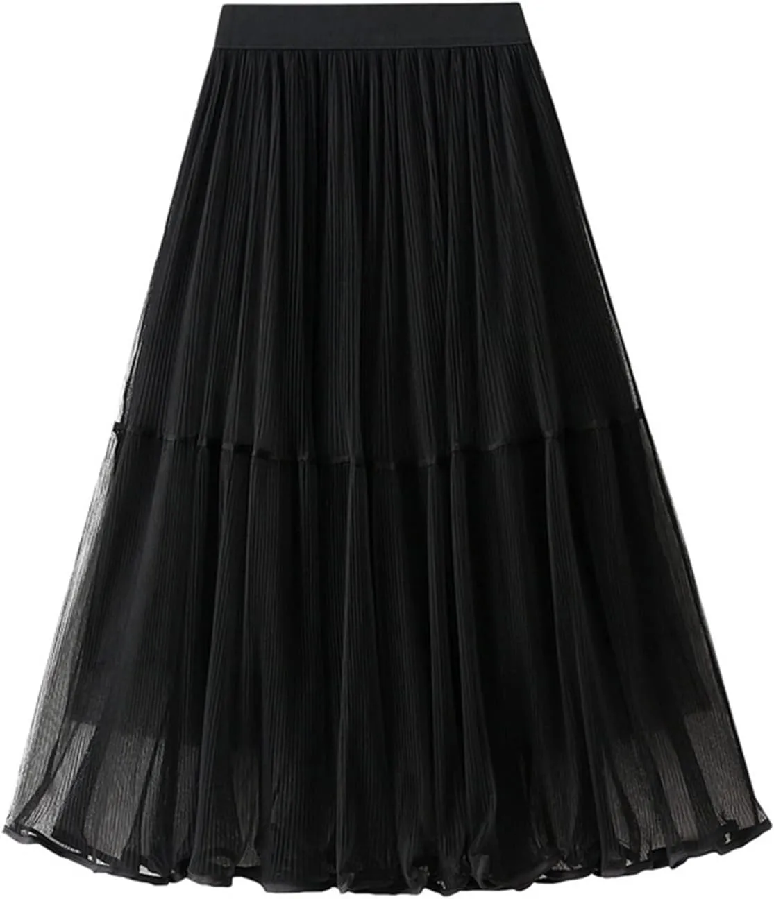 Women High Elastic Waist Pleated Mesh Skirt Midi Swing A-line Skirts