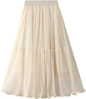 Women High Elastic Waist Pleated Mesh Skirt Midi Swing A-line Skirts