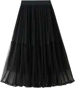 Women High Elastic Waist Pleated Mesh Skirt Midi Swing A-line Skirts
