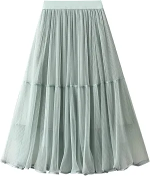 Women High Elastic Waist Pleated Mesh Skirt Midi Swing A-line Skirts