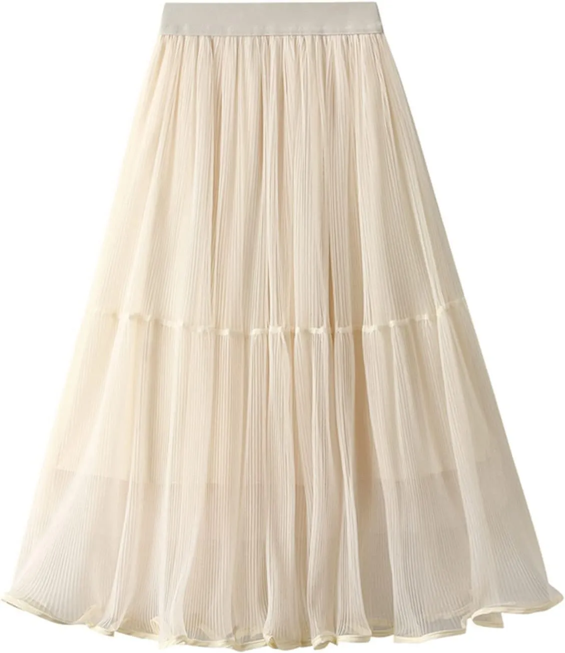 Women High Elastic Waist Pleated Mesh Skirt Midi Swing A-line Skirts