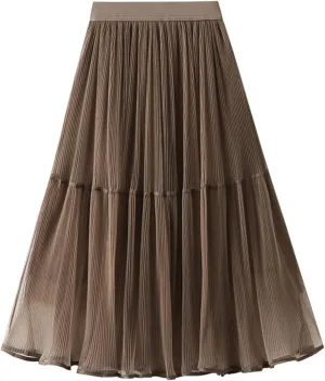 Women High Elastic Waist Pleated Mesh Skirt Midi Swing A-line Skirts