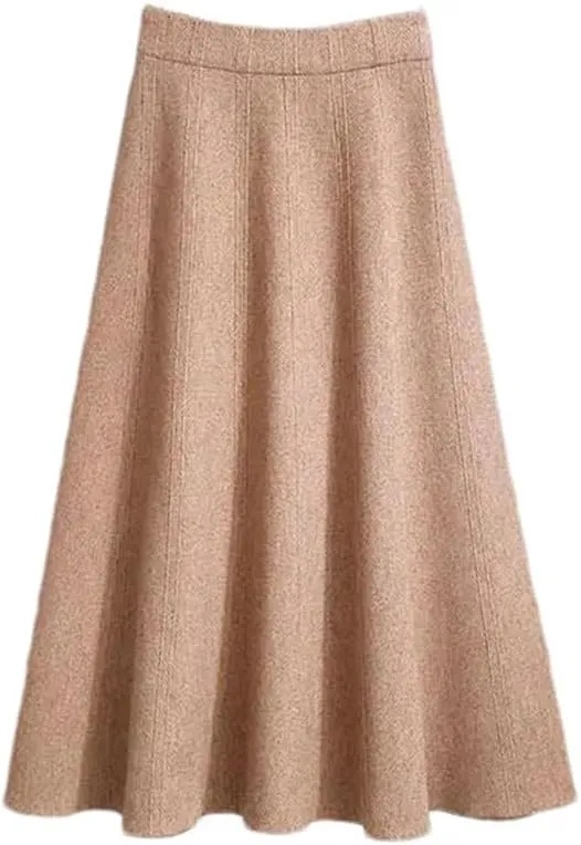 Women Knitted Midi Skirts Female Soft Warm Pleated A-Line Skirt Ladies High Waist Skirts