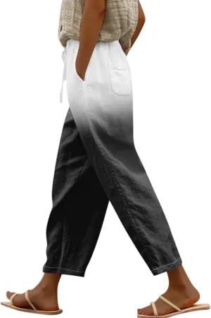 Women Linen Palazzo Pants Cotton Linen Elastic Seven Pants Beach Casual Pants Linen High Waisted Drawstring Lounge Pants
