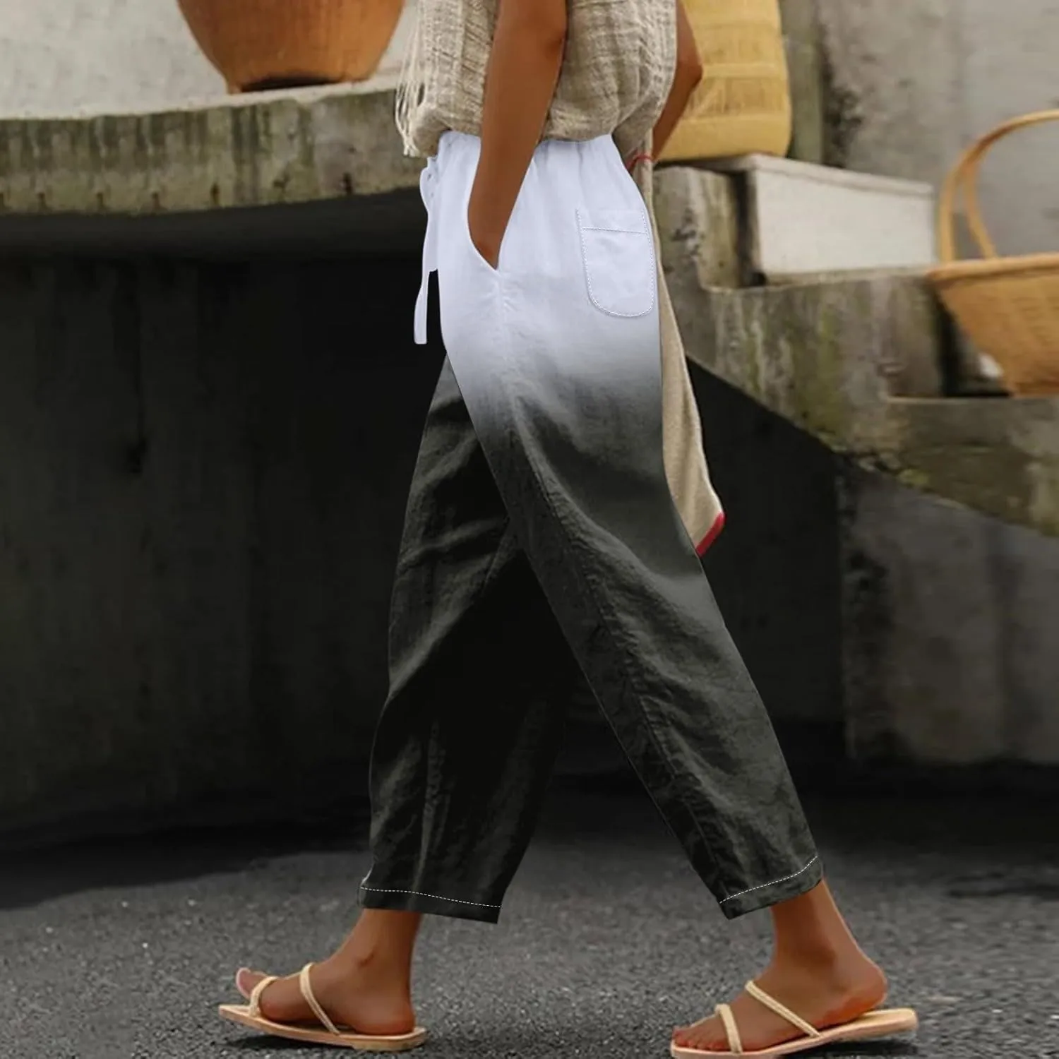 Women Linen Palazzo Pants Cotton Linen Elastic Seven Pants Beach Casual Pants Linen High Waisted Drawstring Lounge Pants