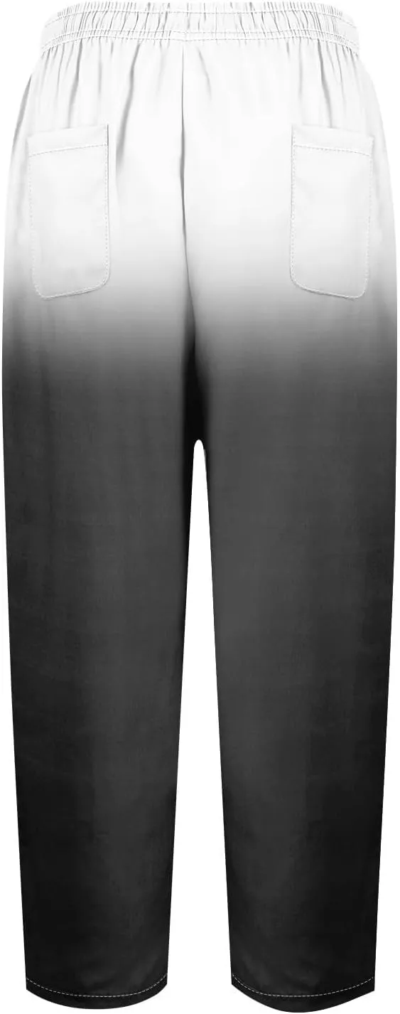 Women Linen Palazzo Pants Cotton Linen Elastic Seven Pants Beach Casual Pants Linen High Waisted Drawstring Lounge Pants