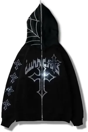 Women Rhinestone Graphic Hoodies Y2k Full Zip Up Jacket Men Gothic Oversized Aesthetic Hoodie Clothes Casual Sweatshirt