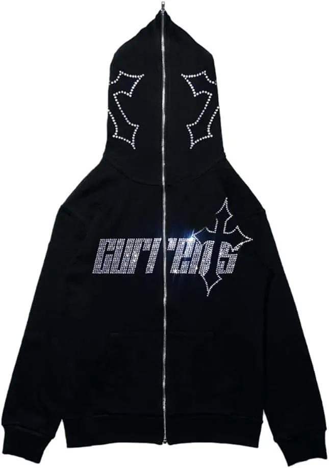 Women Rhinestone Graphic Hoodies Y2k Full Zip Up Jacket Men Gothic Oversized Aesthetic Hoodie Clothes Casual Sweatshirt