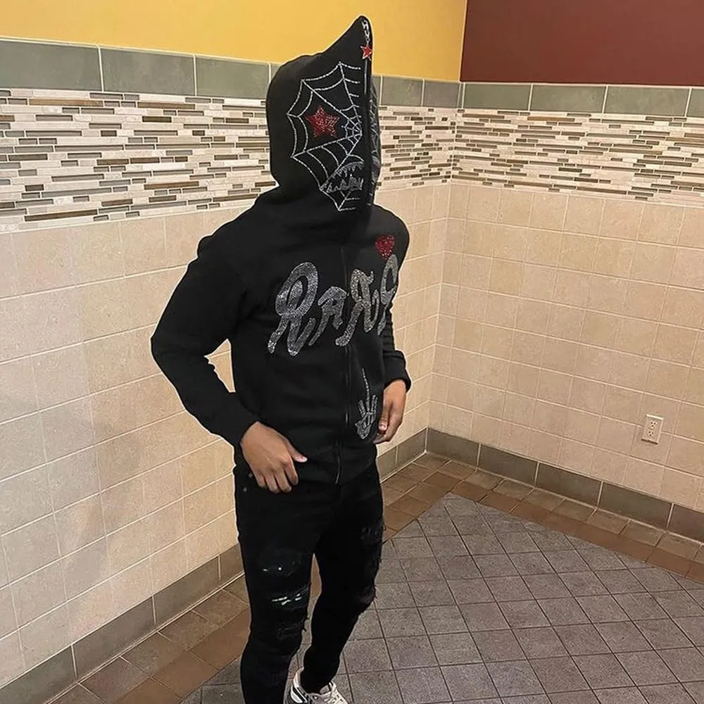 Women Rhinestone Graphic Hoodies Y2k Full Zip Up Jacket Men Gothic Oversized Aesthetic Hoodie Clothes Casual Sweatshirt