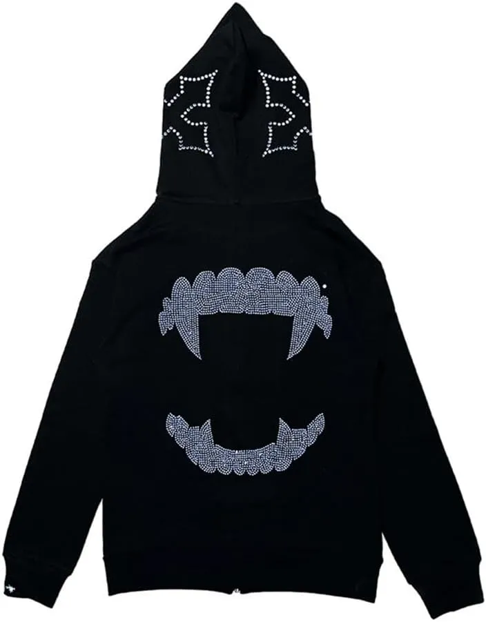 Women Rhinestone Graphic Hoodies Y2k Full Zip Up Jacket Men Gothic Oversized Aesthetic Hoodie Clothes Casual Sweatshirt