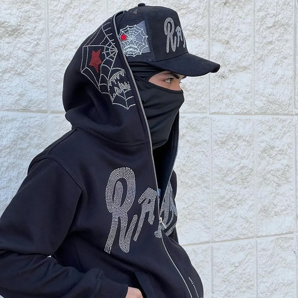 Women Rhinestone Graphic Hoodies Y2k Full Zip Up Jacket Men Gothic Oversized Aesthetic Hoodie Clothes Casual Sweatshirt