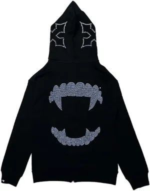 Women Rhinestone Graphic Hoodies Y2k Full Zip Up Jacket Men Gothic Oversized Aesthetic Hoodie Clothes Casual Sweatshirt