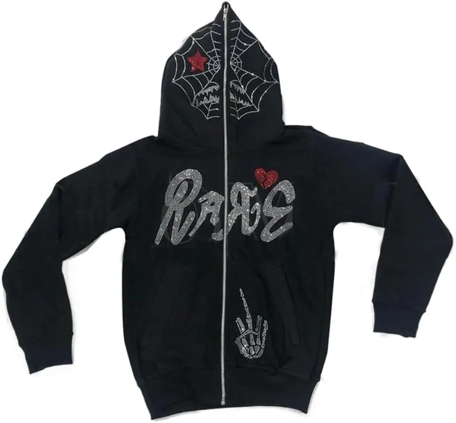 Women Rhinestone Graphic Hoodies Y2k Full Zip Up Jacket Men Gothic Oversized Aesthetic Hoodie Clothes Casual Sweatshirt