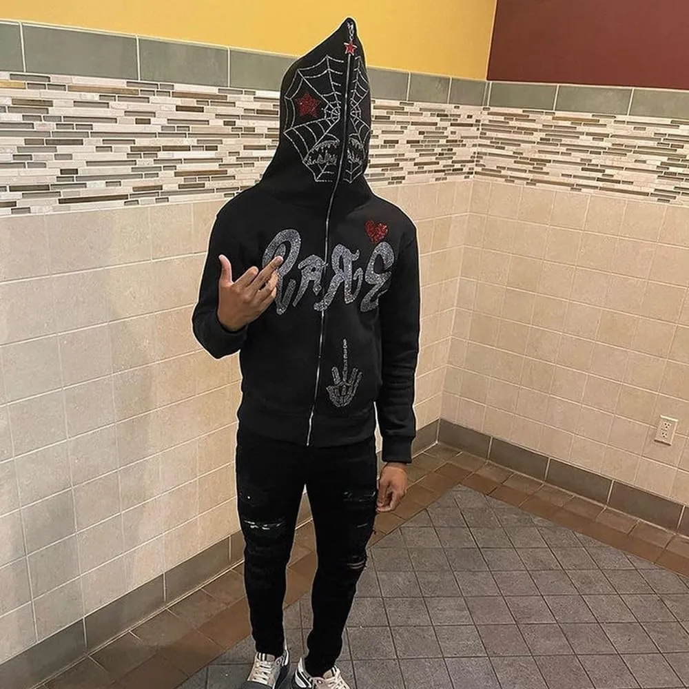 Women Rhinestone Graphic Hoodies Y2k Full Zip Up Jacket Men Gothic Oversized Aesthetic Hoodie Clothes Casual Sweatshirt