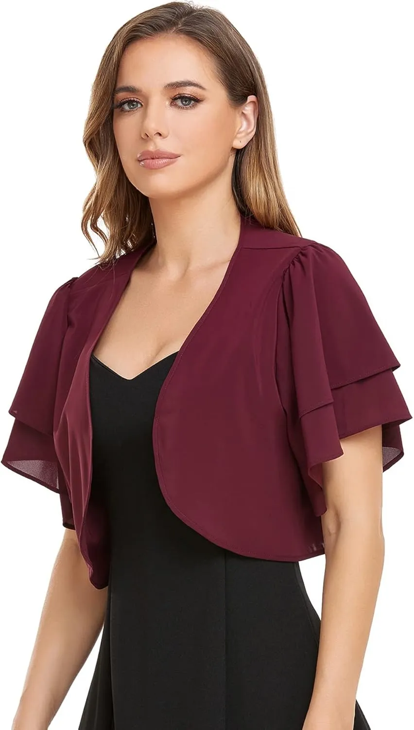 Women Short Sleeve Shrug Cropped Bolero Open Front Chiffon Cardigan for Evening Dress