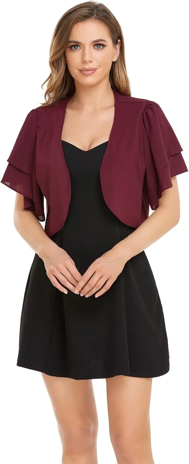 Women Short Sleeve Shrug Cropped Bolero Open Front Chiffon Cardigan for Evening Dress