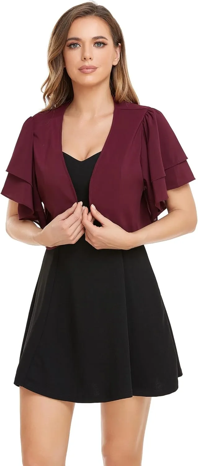 Women Short Sleeve Shrug Cropped Bolero Open Front Chiffon Cardigan for Evening Dress